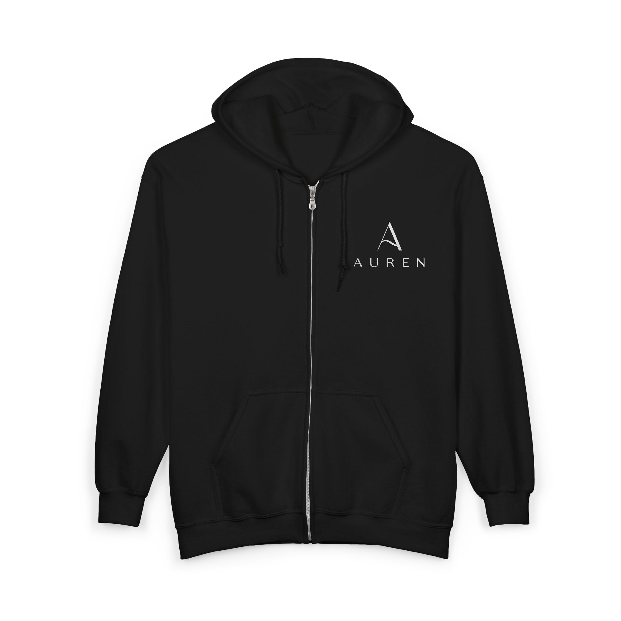 Auren Logo Zip Hoodie — Minimal Black Full-Zip Hooded Sweatshirt
